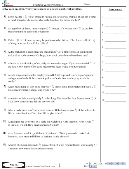 5.nf.6 Worksheets - Fraction Word Problems  worksheet